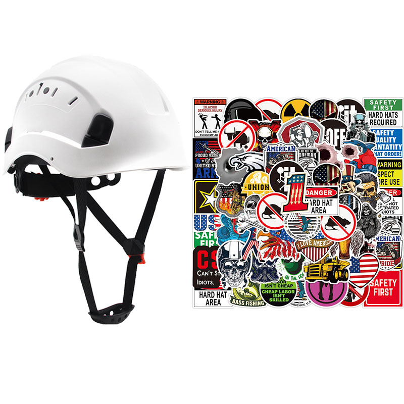Safety Helmet with 50Pcs Stickers ABS Construction Hard Hat Goggles Climbing Riding Protective Helmets Working Rescue Work Cap: Red
