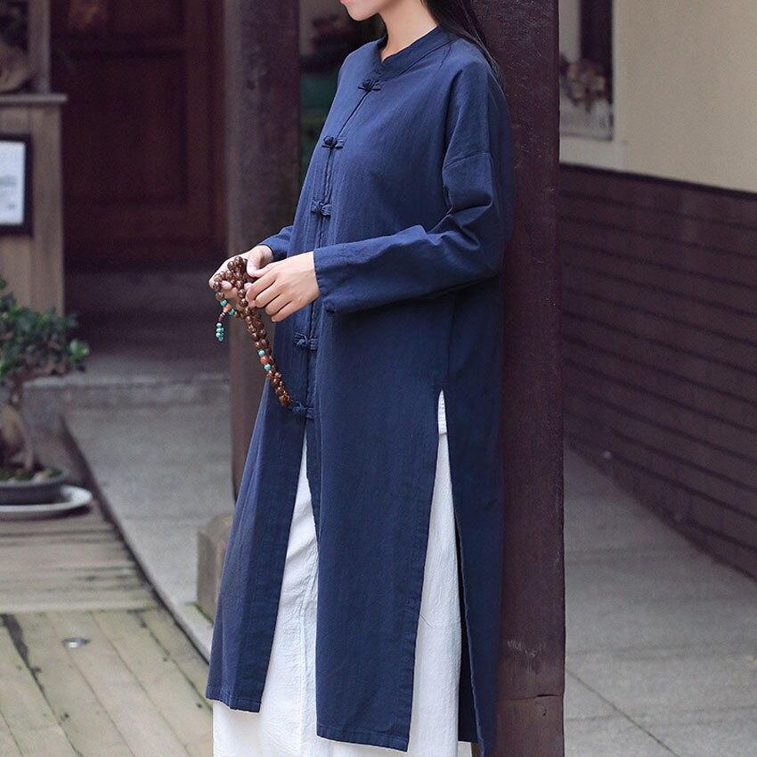 Women Linen Jacket Long Robe Chinese Traditional Retro Kungfu Wushu Tai Chi Uniform Teaism Wear Casual Outfits Gown Hanfu: Navy