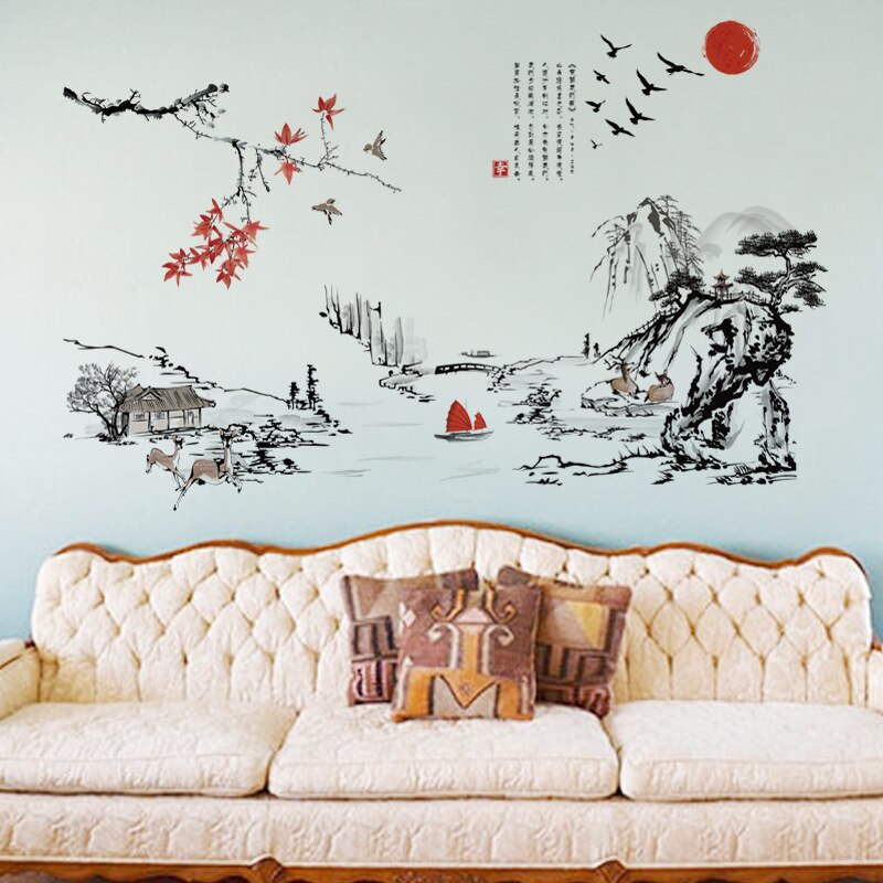 Chinese stijl Inkt schilderij landschap art Muurstickers woonkamer Slaapkamer achtergrond voor home decoratie Muurschildering Decals behang