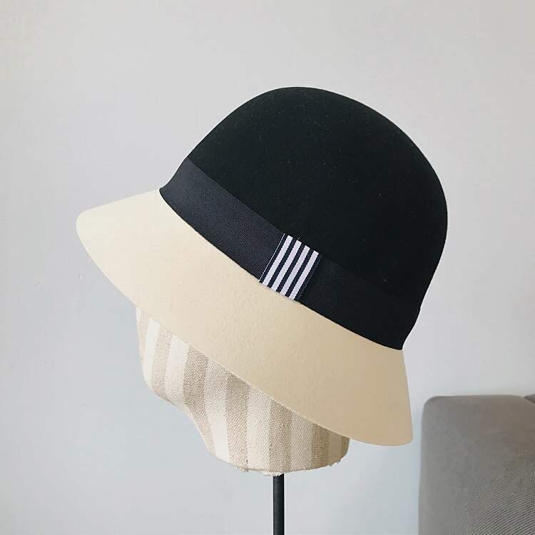 Wool Felt Black White Splicing Ladies Floppy Hats Winter Bucket Women Fedora Hat Church Derby Party Bucket Jazz Hat: style 1