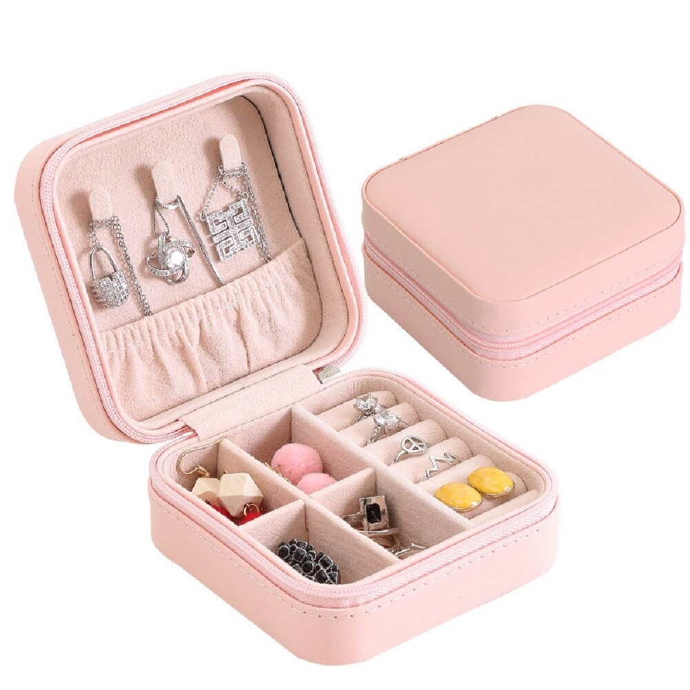 Kvinner lær smykkeskrin arrangør reiseetui ørering ring halskjede oppbevaring mini bærbar glidelås smykke ornamenter etui: Rosa