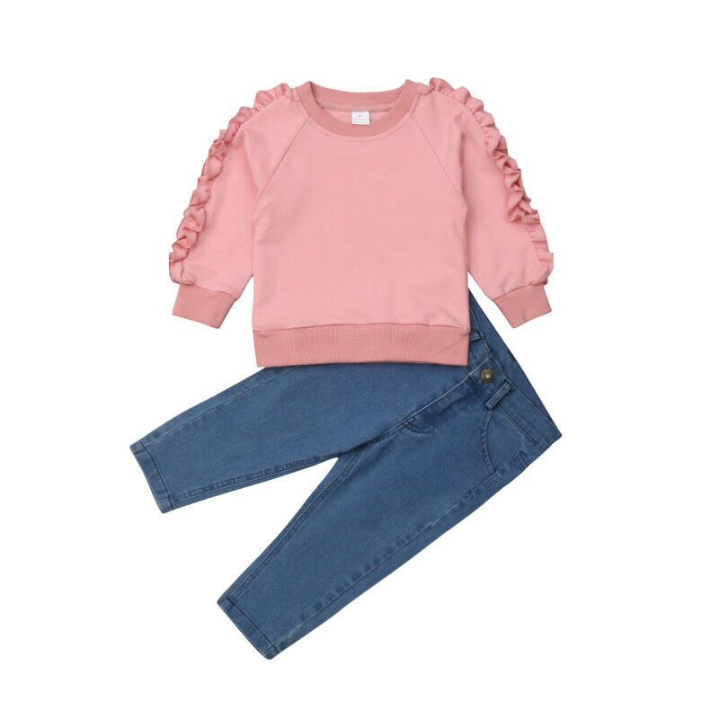 Ropa de para niños y niñas, Tops rosas con volantes, camisa, pantalones vaqueros, traje cálido de otoño e invierno, conjunto de 2 uds