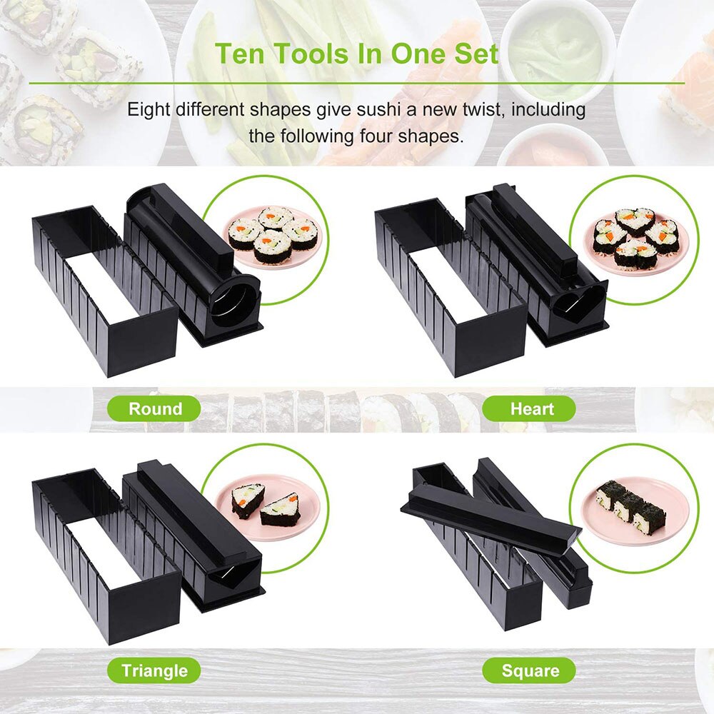 Sushi Maken Kit Voor Beginners 10 Stuks Plastic Sushi Maker Tool Compleet Met 8 Sushi Rijst Roll Mold Vormen Vork spatel Diy