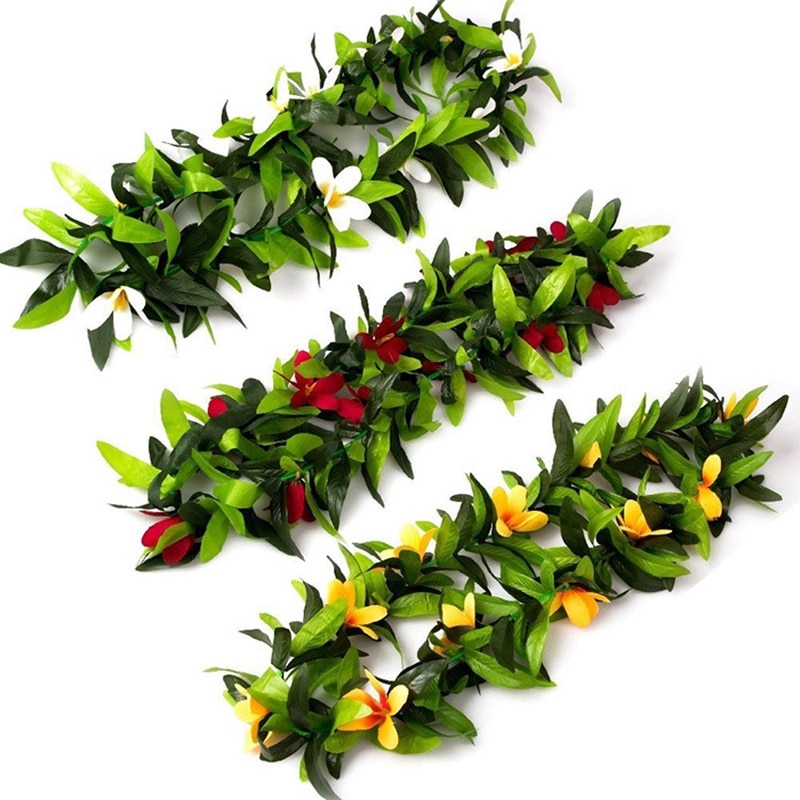 Collares de flores artificiales de hoja de Lei hawaiana Tropical para disfraz de Hula y en la playa, Luau Leis, 3 uds.