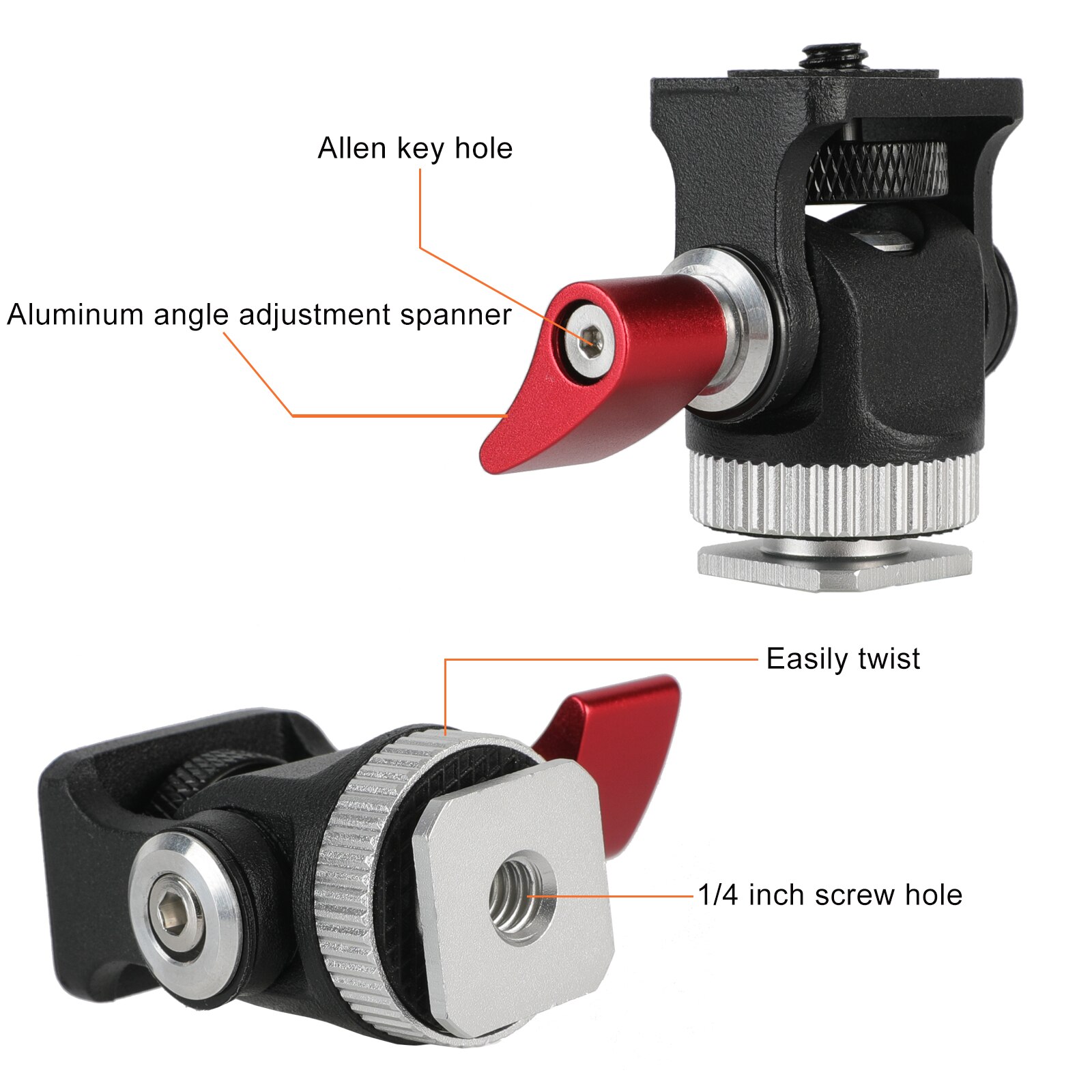 Field Monitor Mount on-Camera Microphone Bracket Stand LED Light Holder Base Adjustable Angle Tilt 175° Swivel 360° w/ Shoe