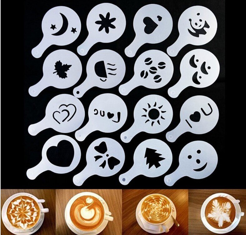 16Pcs Koffie Latte Cappuccino Barista Art Stencils Cake Stofdoek Sjablonen Koffie Gereedschap Accessoires Gusto Nespresso Zavarnik Dolce: 16pcs