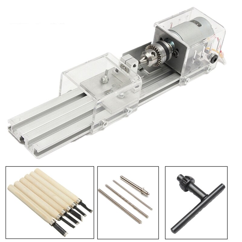 100W Cnc Mini Lathe Machine Tools Diy Woodworking Wood Lathe Milling Machines Grinding Polishing Beads Drill Rotary Tool Set Kit