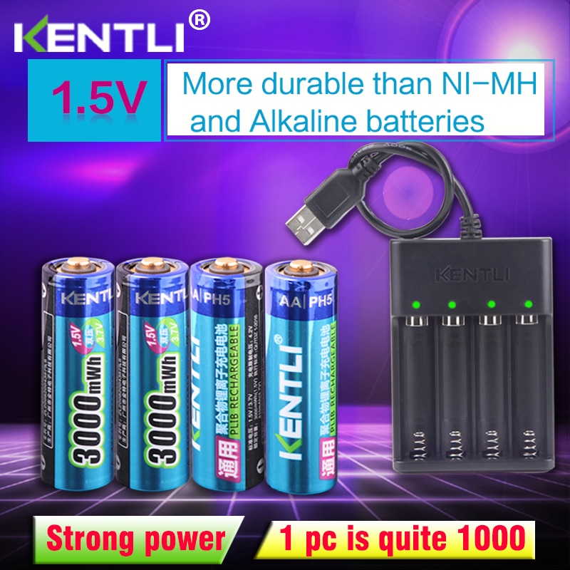 KENTLI 4pcs AA 1.5V 3000mWh lithium li-ion rechargeable battery + 4 Channel polymer lithium li-ion battery batteries charger