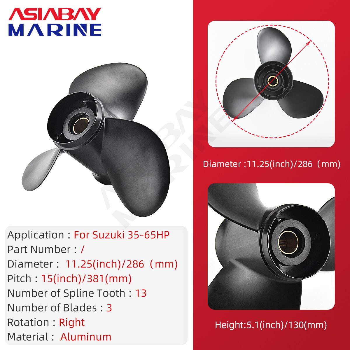 11 1/4*15 Voor Suzuki Buitenboordmotor Propeller 35hp 40hp 50hp 55hp 60hp 65hp Boot Motor Aluminium Schroef 3 Blade 13 Spline 11.25*15Inch