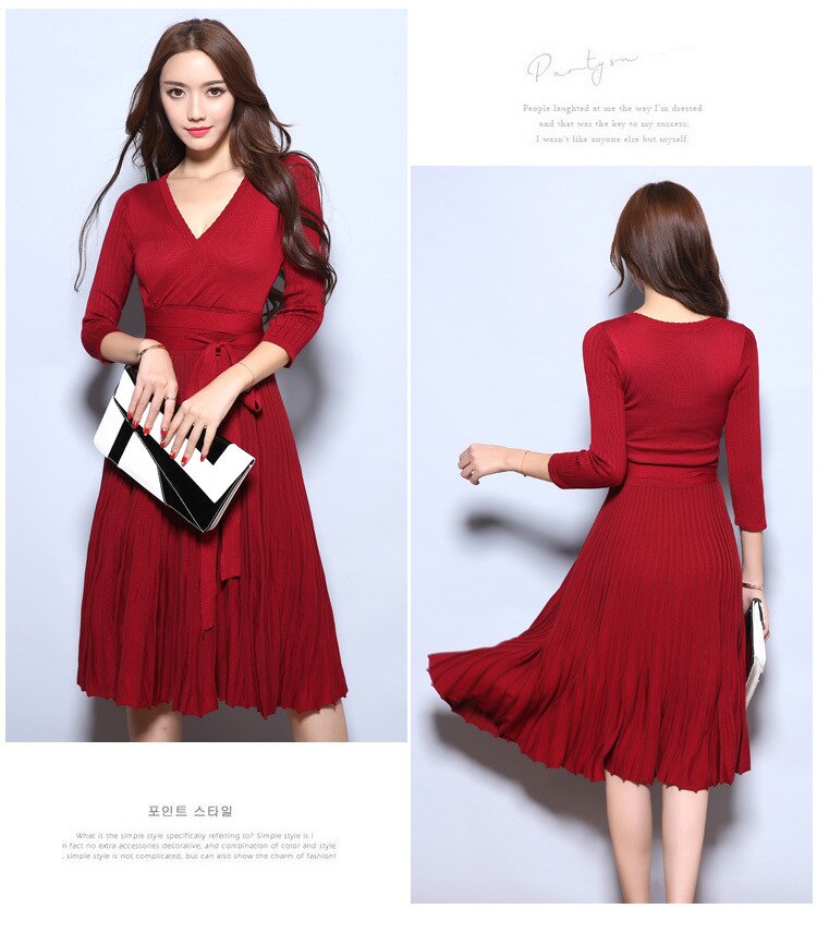 Autumn Winter Women Christmas Knee-Length Knitted Sweater Dress Casual Long Pleated Dress For Women Vestidos