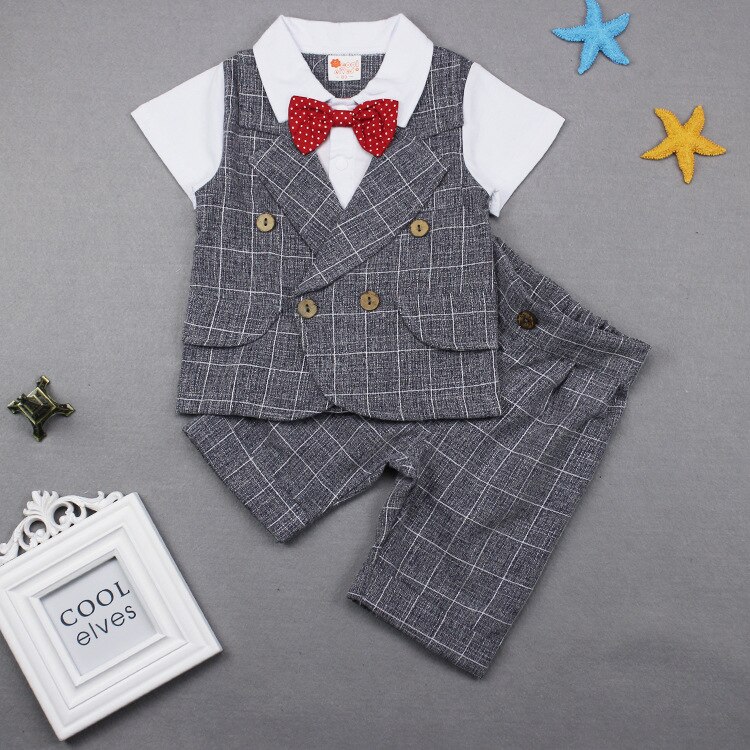 Baby Boys Summer Clothing Suit Child Plaid Gentleman Bowtie Vest + Shorts 2pcs Clothing Set Toddler Kids Party Wedding Costume