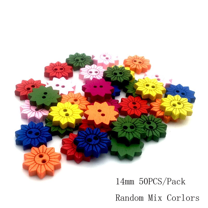 Vêtements de couture pour enfants, 50 pièces, 2/4 trous, boutons mixtes en bois, accessoires multicolores, forme mixte Animal/fleur, bricolage, Scrapbooking13-25mm: SC205  14mm