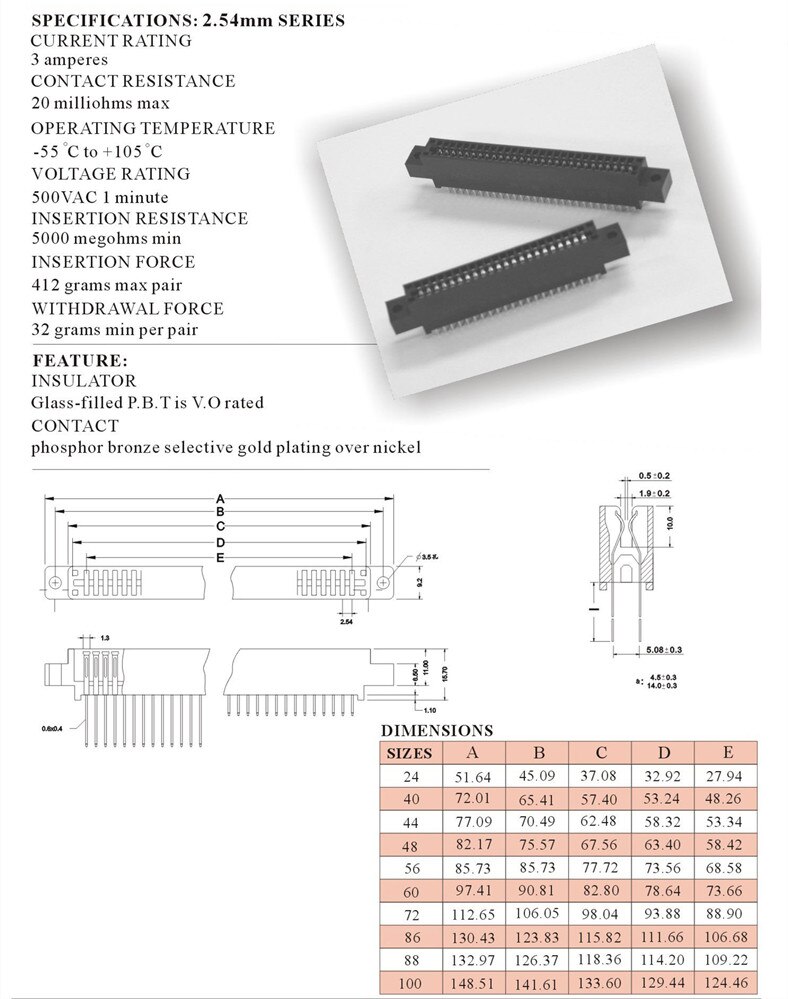 Connecteur de carte de bord, pas de fente de 2.54mm oreilles, montage de prise de doigt doré, 5 pièces, 24 42 44 48 50 56 60 86 88100 128 broches PCB