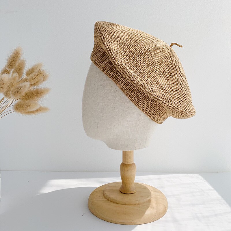 Boina de verano hecha a mano para mujer, pintor de sombrero de paja, gorro femenino, boina transpirable, Color rosa sólido,: khaki