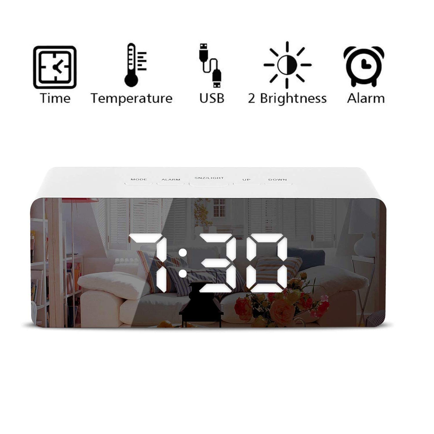 Led Spiegel Wekker Thermometer Digital Display Usb Dimbare Snooze Temperatuur Night Modus Licht Geheugenfunctie Bureauklok