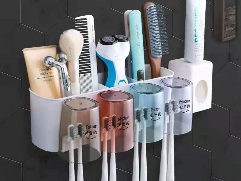 Tannbørsteholder veggsett tannbørstekopp munnskyllekopp tannkrempressetannkopp husholdningsvaskbordhylle: 4 rader - ekstruder