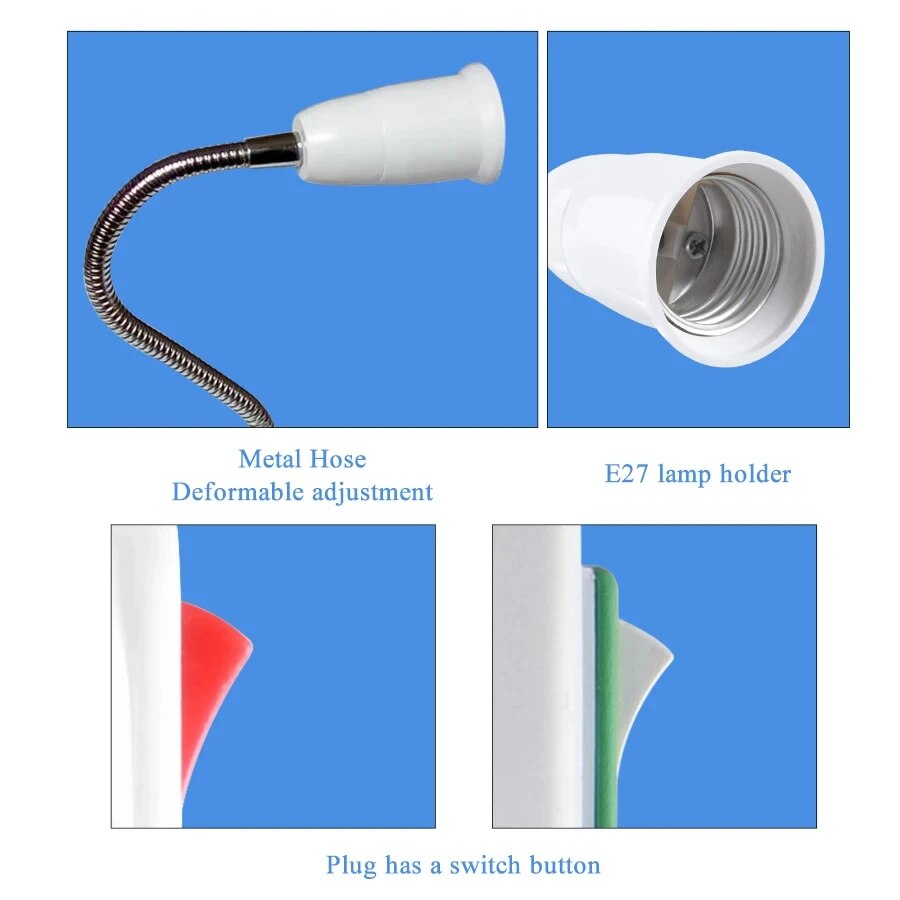 Enchufe UE EE. UU. a portalámparas E27, enchufe de bombilla con interruptor, Base de lámpara Flexible, convertidor de lámpara de mesa de conversión, 20cm, 30cm, 50cm
