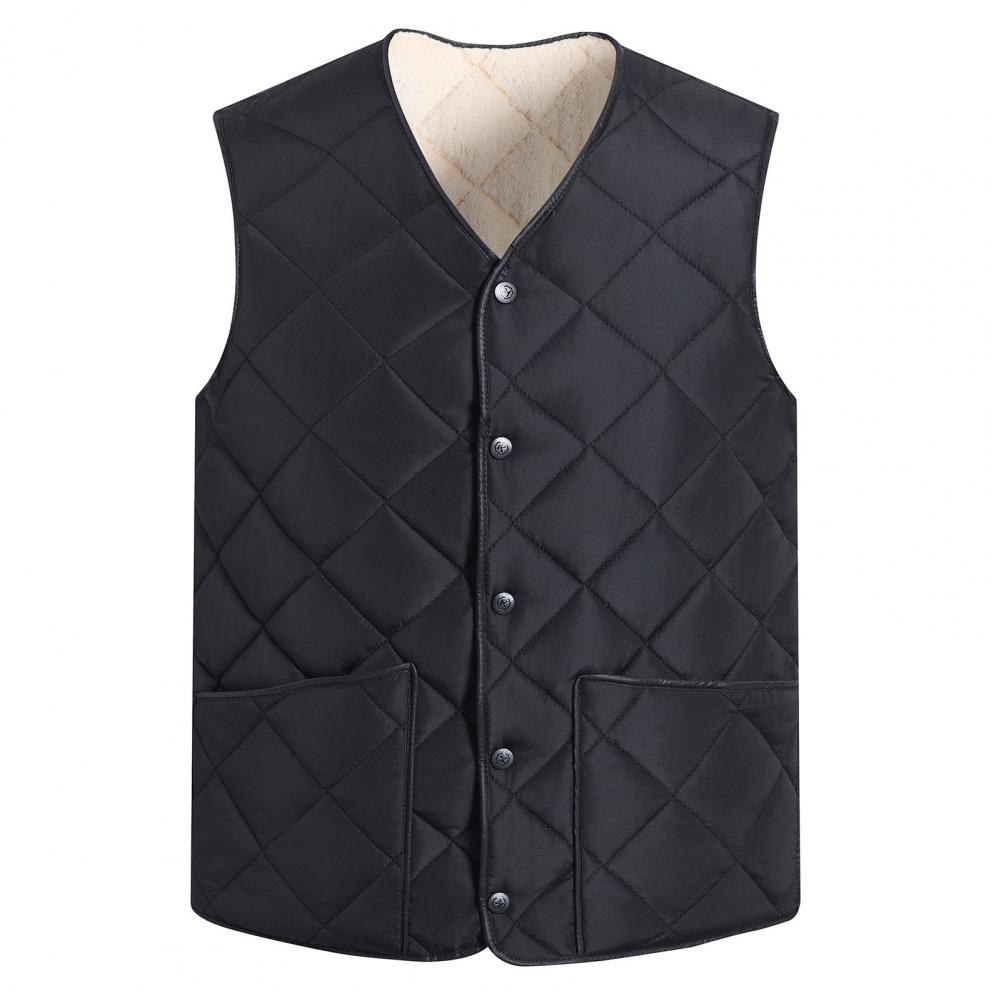 Herfst Winter Heren Vest Effen Kleur Dons Vulling V-Hals Mouwloos Warm Vest Zachte Knoop Sluiting Koud-Proof Zak Jas Vest: XL / Black