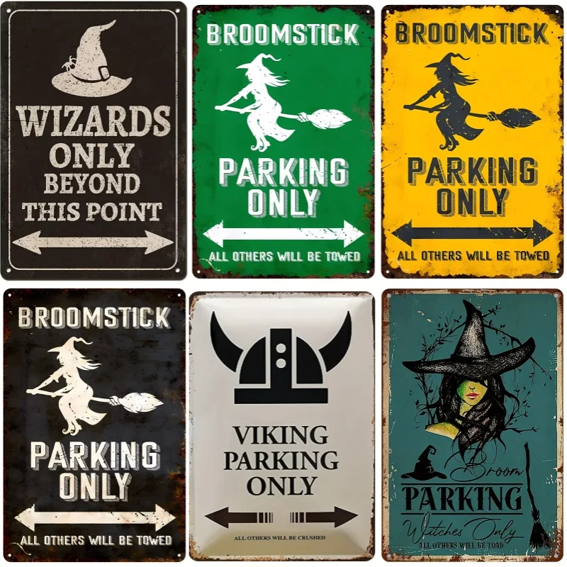 Vintage halloween-skilt kun til parkering, unikt stopskilt, finurlig kost, heksedekoration til køkken, soveværelse, café, bar, stue: Marine blå