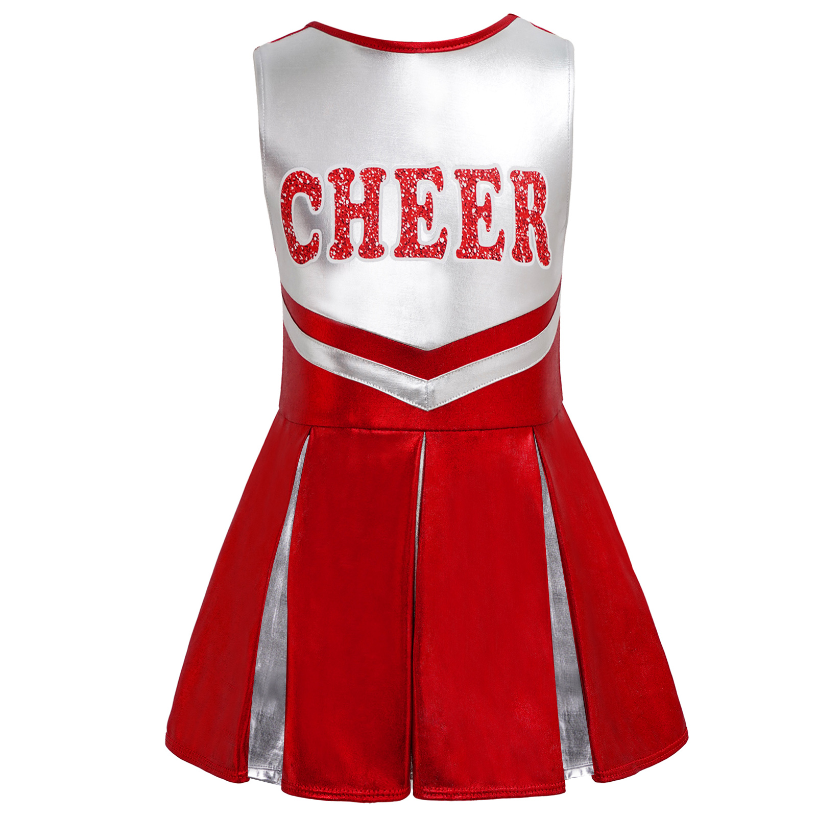 Kids Meisjes Rode Stijlvolle Kleding Cheerleading Jurk Mouwloze Ronde Hals Shiny Brief Gedrukt Contrast Kleur Geplooide Dans Jurk: Red / 6