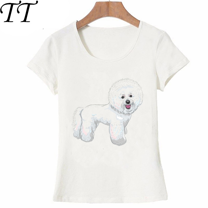 Sommar t-shirt med supersöt bichon frisé hundtryck, t-shirt med mönster, vardagliga toppar, söta tjejtröjor