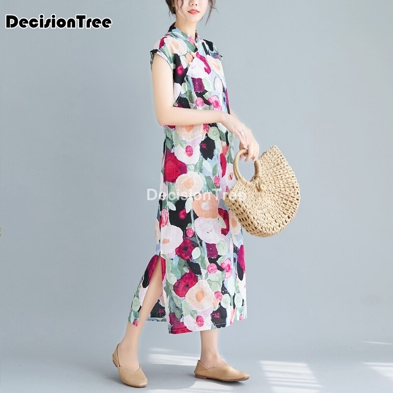 Chinese Jurk Cheongsam Qipao Moderne Cheongsam Jurk Korte Mouw Bloemenprint Qipao Robe Chinoise Vestido Oosterse Jurk