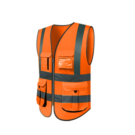 High visibility reflective safety vest work reflective vest multi pockets workwear safety waistcoat men safety vest: Orange / XXL