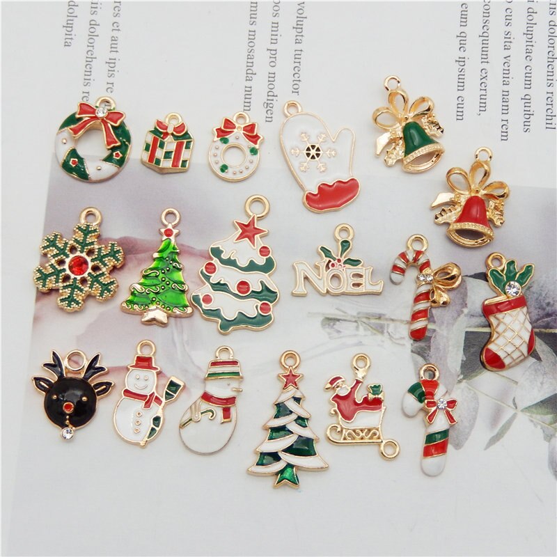 Julie Wang Emaille Kerst Charmes Legering Gemengde Kerstman Tree Bell Sok Sneeuwpop Sneeuwvlok Hanger Sieraden Maken Accessoire