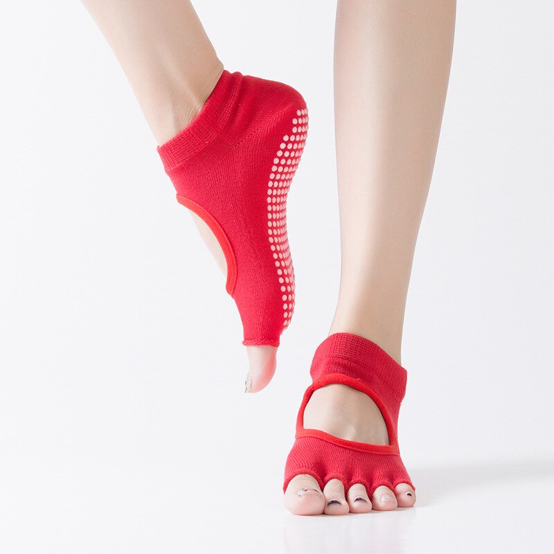 Calzini Yoga Donna - 3 Paia - Collo e Dita Aperte - PVC Antiscivolo Massaggio Dita: Rosso