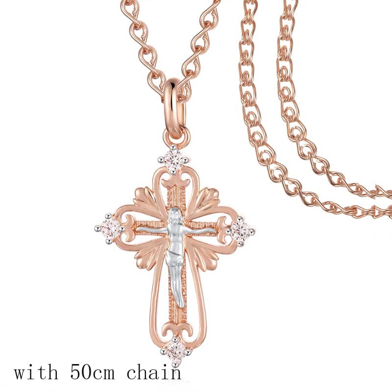 6 Style FJ Jewelry Women Mens Necklace Pendant 585 Rose Gold Color Mixed Cross Crucifix Pendants Snail Chains: PN0132 50cm chain