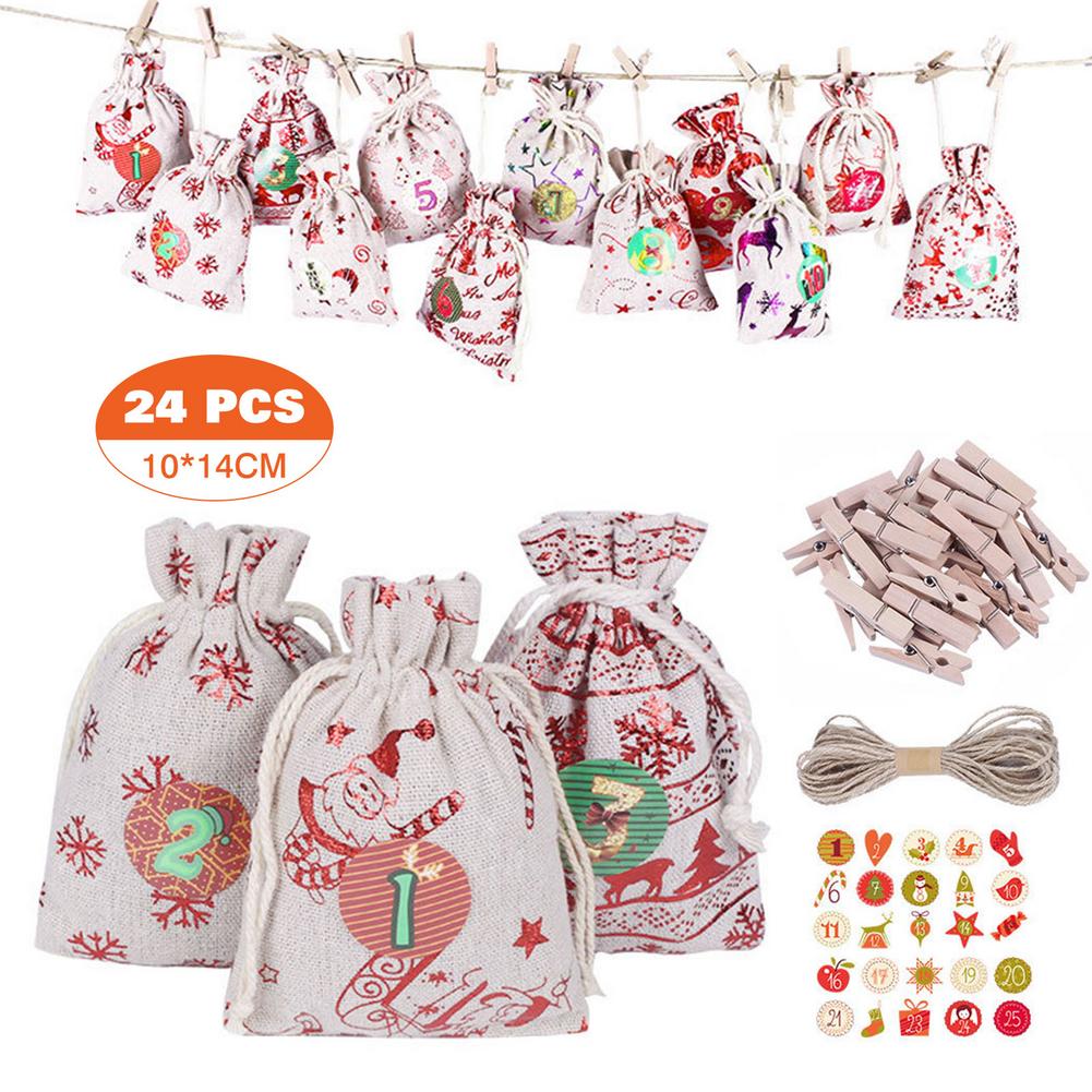 Christmas Pattern Candy Bag 1-24 Advent Bundle Calendar Countdown Jute Bag Candy Storage Pouch DIY Christmas Advent Calendar Bag: C