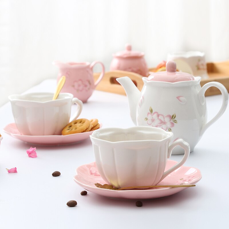 Ensemble de tasse à café rose fleur en porcelaine mignon plateau turc tasse à thé en céramique tasse à thé et soucoupe ensemble de 6 ensembles de café Xicara AC50BD