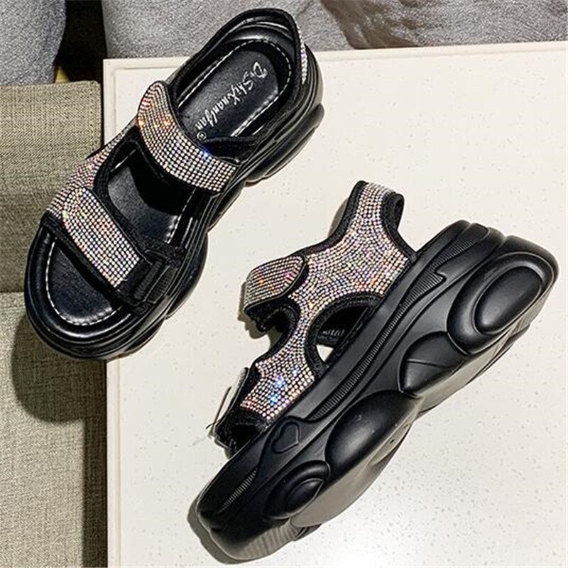 Sandales à talons compensés avec strass pour femmes, chaussures à plateforme, semelle épaisse, noir, blanc, nouvelle été
