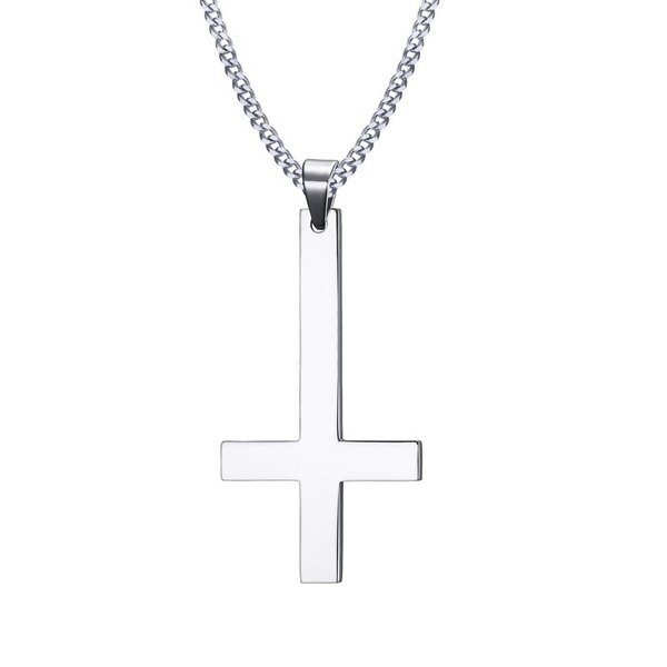 Klasyczny prosty odwrócony krzyż świętego piotra wisiorek moda męska Trend T-Shirt naszyjnik biżuteria prezent: 3514-silver-color