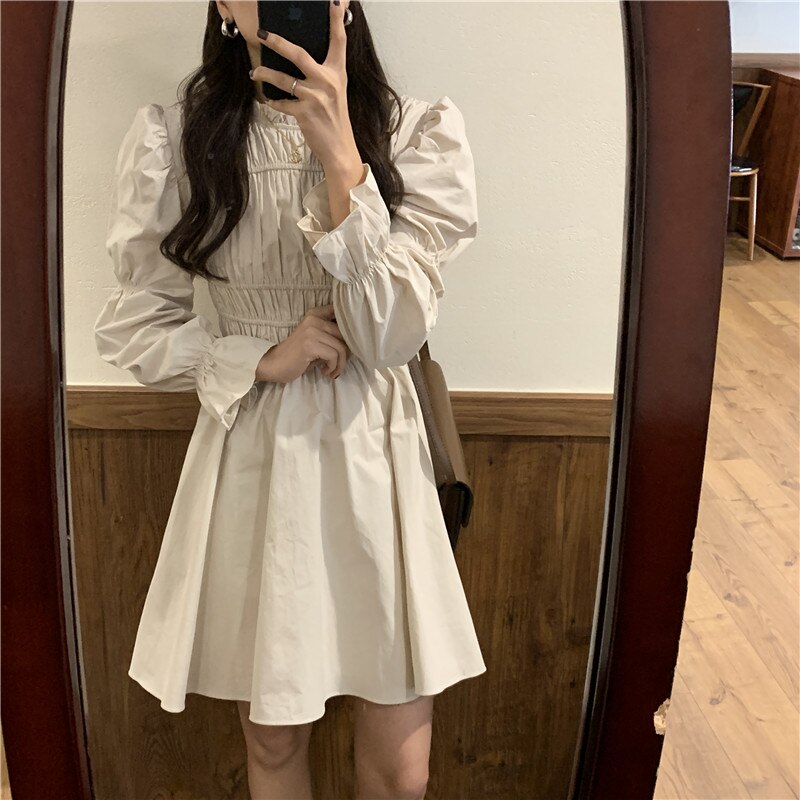 SuperAen retro francuski stałe bufiaste rękawy talia plisowana, pomarszczona kołnierz szczupła linia sukienki kobiet: Default Title