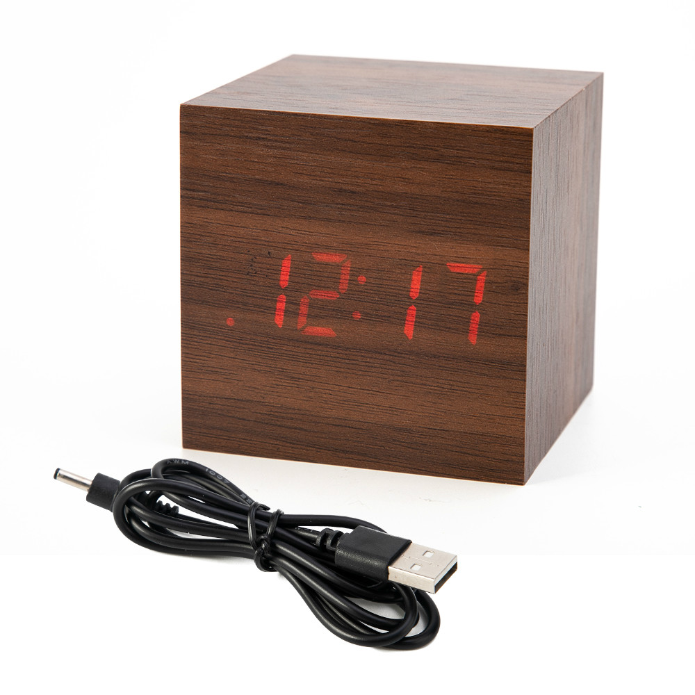 ! mini digital trä led väckarklocka trä retro glöd klocka skrivbord bord dekor röststyrning snooze funktion skrivbord kalender: Rött trä rött