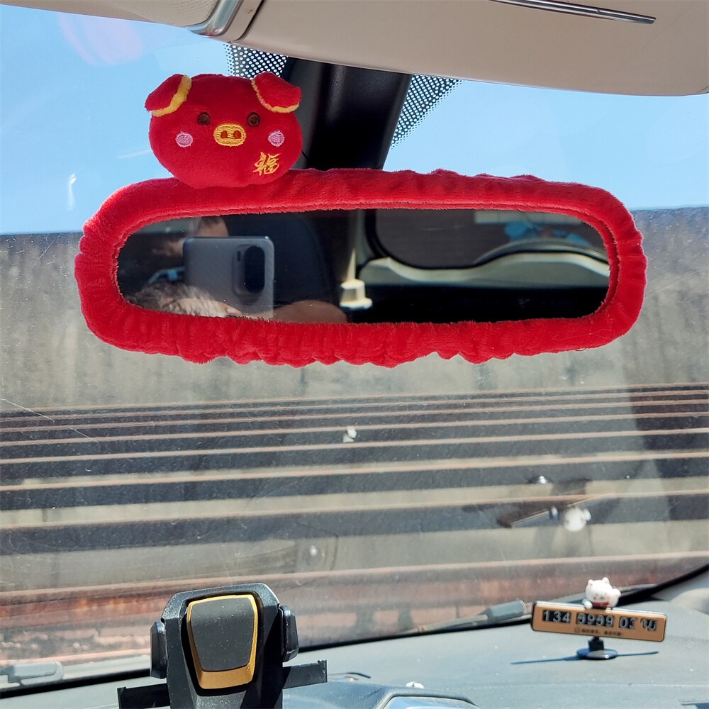 Rétroviseur de voiture en forme de grand cochon rouge, couverture de miroir de dessin animé, décoration de dame