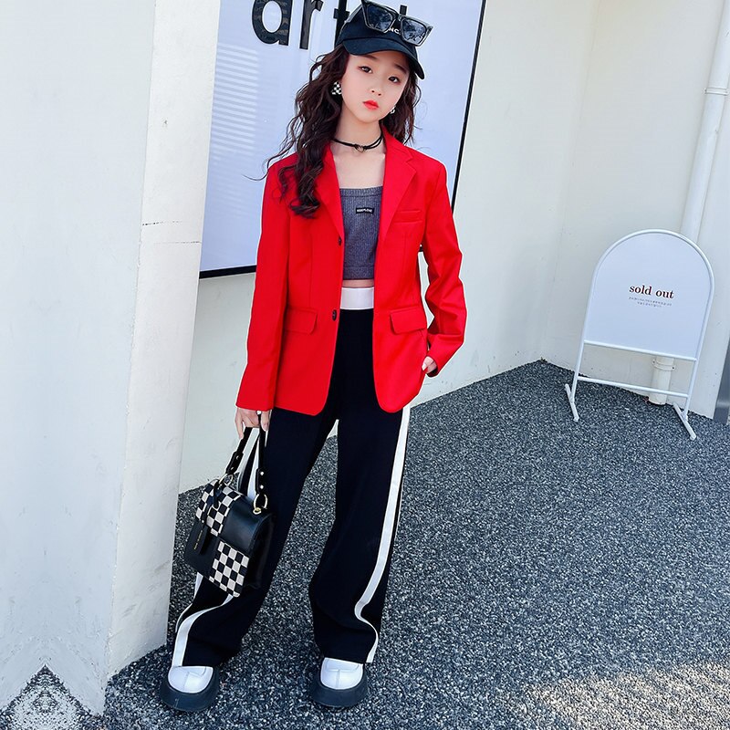 Blazer + gilet + pantaloni rossi per ragazze con set di abbigliamento a tre pezzi a strisce laterali primavera abiti per bambini moda Costume formale di lusso