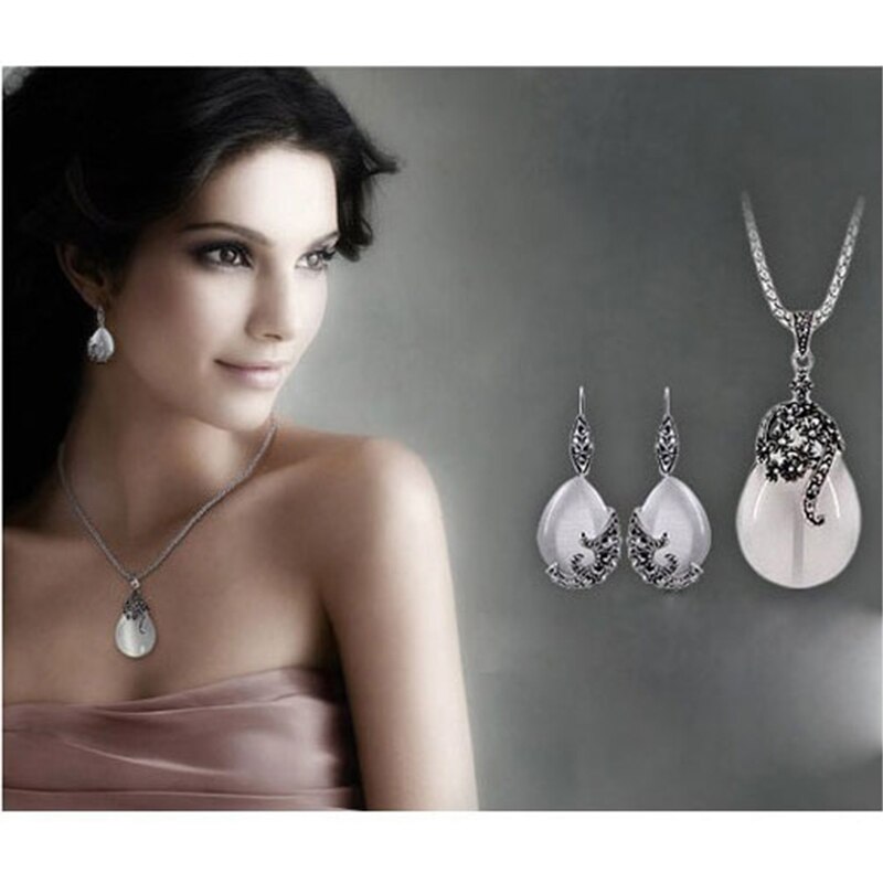 Vintage 925 Sterling Silver Opal Water Pendants Long Snake Necklaces Earrings Women Jewelry Sets