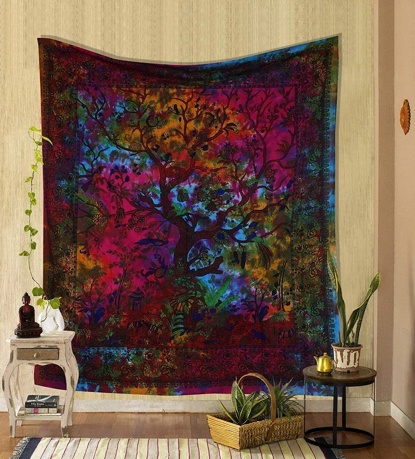 Tapiz verde árbol de la vida para colgar en la pared, tapiz psicodélico, tela de cama doble de algodón indio, tela de Picnic para pared: 140 x 200 cm / Albaricoque