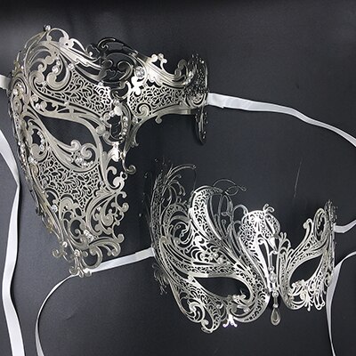 Hans & hennes par glitter strass metall filigran maskerad mask venetiansk kostym bal fest boll jul halv skalle mask: Silver-