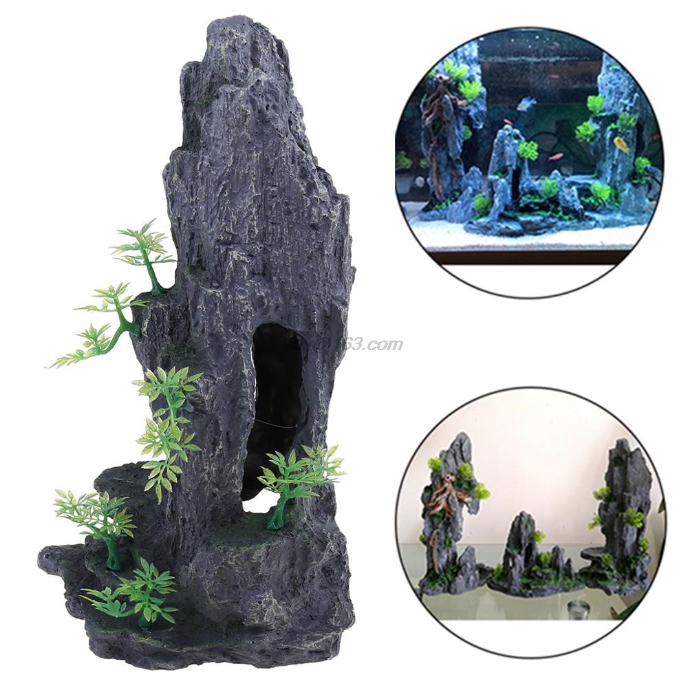 Akvarium bjergudsigt sten ornament træ sten hule fisketank dekoration