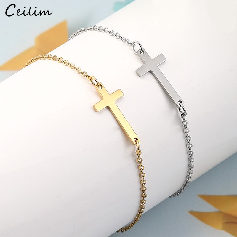 Stainless Steel Cross Charm Bracelet for Women Gold Color Link Chain Friendship Bracelet Religious Jewelry