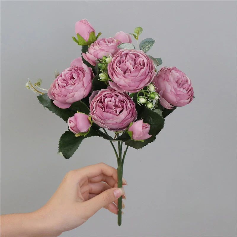 Fleurs artificielles violettes pivoines, 1 Bouquet, fausses roses d'automne en soie pour bricolage, décoration de salon, jardin de maison, mariage