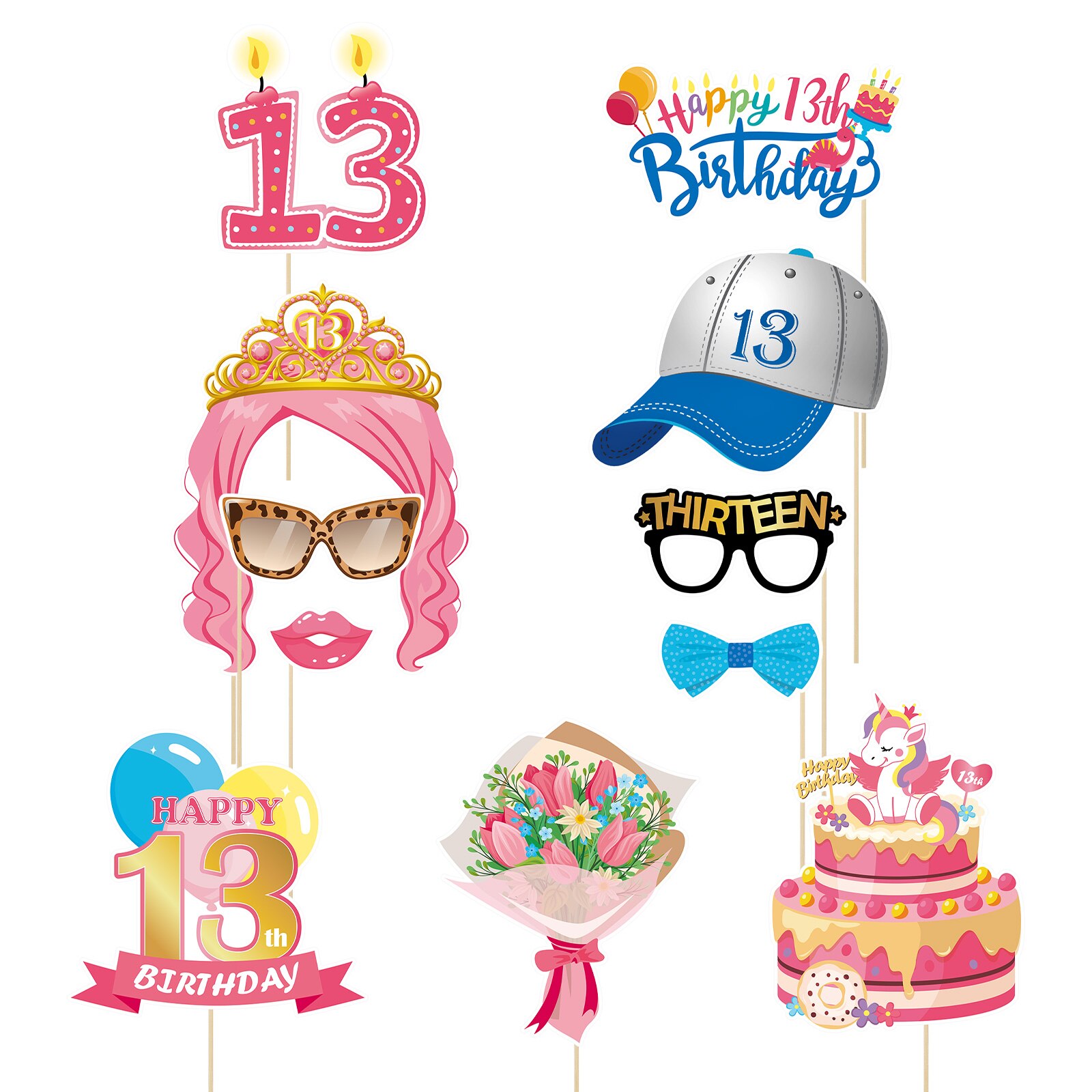 Abaodam 25pcs 13th Birthday Photo Booth Props Already Assembled with Wooden Stick Photo Props Selfie Props Birthday Party