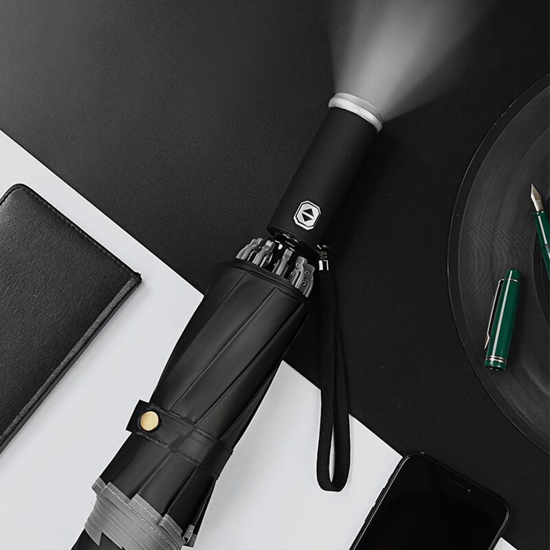 Women's Umbrella Automatic Windproof Fold Inverted Umbrella LED Flashlight 10/12K Reverse Reflective Stripe Rain Sun Umbrella