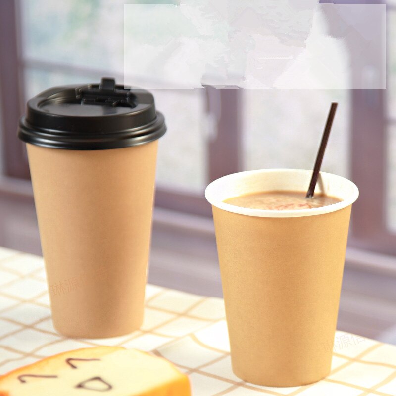 Taza de café desechable gruesa de una sola capa de papel Kraft, 8oz/12oz/16 leche onzas, vasos de embalaje para llevar Zumo de té con tapa, 50 Uds.