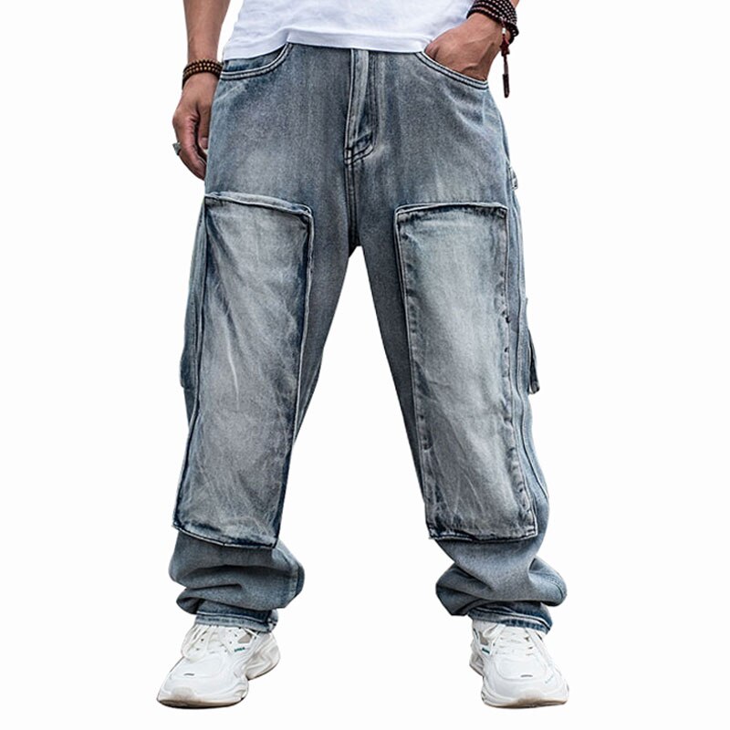 Pantalones vaqueros holgados de talla grande para hombre, ropa de calle informal con múltiples bolsillos, estilo Hip Hop, pantalones de pierna ancha azules para monopatín