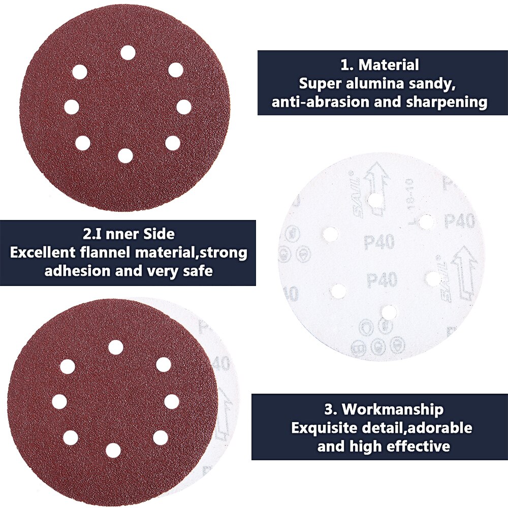 100pcs 5 Inch Hook Loop Sanding paper with 8 Hole Sand Pads Set 40 Grit-600 Grit Sander Disc Abrasives for Polish Machine
