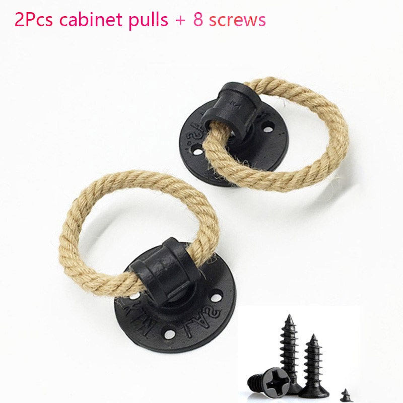 2Pcs Cabinet Pulls Hemp Rope Hanging Pull Ring Buckle Wall Mount Wooden Door Retro Iron for Home Drawer Dresser Furniture Handle